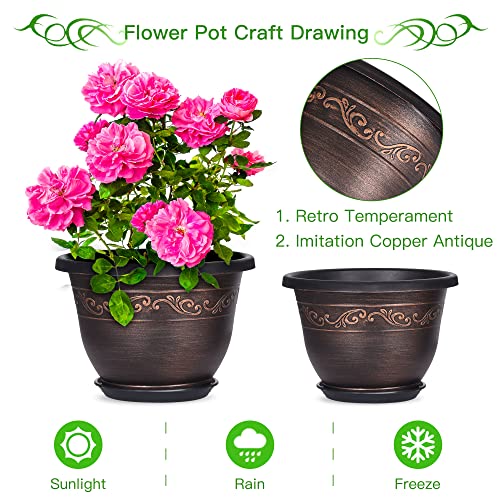 Plastic-Plant-Flower-Planters-16 Inch With Drainage Hole & Saucer, 3 Packs Lightweight Small Resin Flower Pot Indoor Outdoor, Retro Antique Imitation Decorative Garden Containers Sets For Houseplants - color: 3 Pack-16 Inch