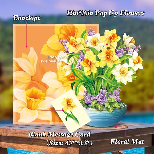 Airpark 3D Pop Up Paper Flowers Bouquet Card 12’‘ with Note & Envelope, Birthday Gifts, Get Well, Thank You, Greeting Cards for Women Mom Wife Friends, Yellow Daffodils - style: Yellow Daffodils