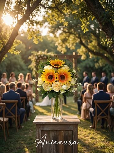 Artificial Sunflower Bouquet with Peony Flowers, Silk Sunflowers Realistic Arrangement for Table Centerpieces, Faux Sunflower Decor for Wedding Home Kitchen Office Vase Decoration
