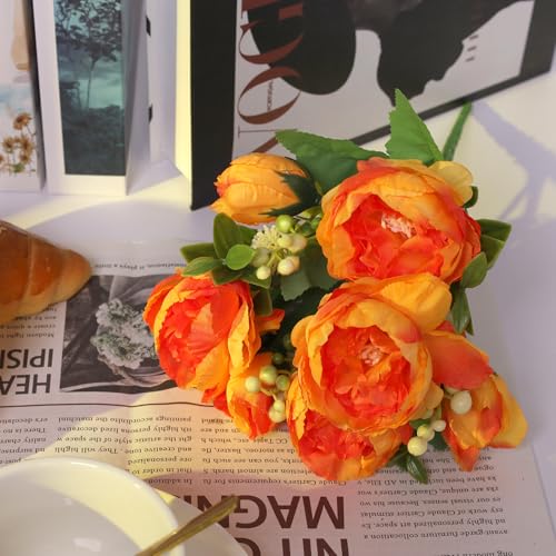 8 Bundles Orange Artificial Peonies Flowers Fake Silk Hydrangea Bouquet Faux Peonies Flowers Bulk for Fall Decoration Vase Florals Arrangements Wedding Party Table Centerpiece - color: Orange