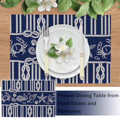 Navy Blue Nautical Placemats Set of 4, Coastal Ropes Starfish Crab Seahorse Sea Shell Conch Dining Place Mats Table Decor, Ocean Marine Life Lake Beach House Home Kitchen Decoration 12''x18'' - color: Navy Blue Nautical, size: Placemats 12''X18''