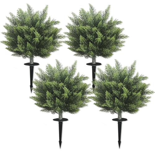 28inch Artificial Topiary Tree Set of 4 Beautiful Realistic Faux Cedar Pines Christmas Trees UV Rated Fake Shrubs for Front Porch Faux Plants Indoor and Outdoor Decor - color: 4pcs-cedar-ball
