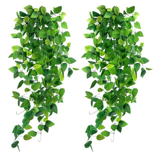 DomeStar 2PCS Fake Vines, Fake Pothos Hanging Plants Ivy Vines, Artificial Greenery for Home Kitchen Wall Decor Aesthetic Home Decor (No Baskets)
