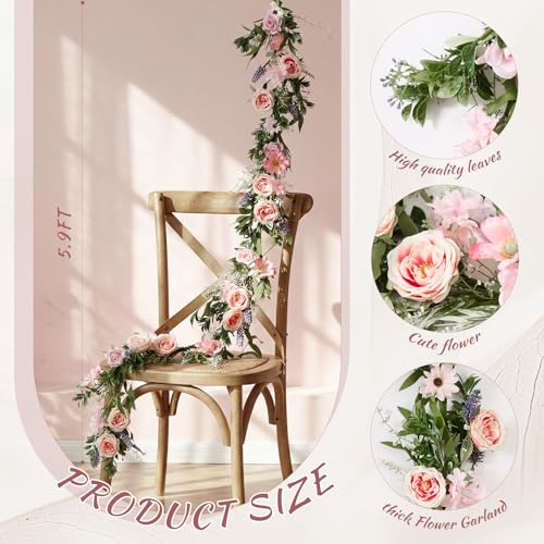 Giegxin 1 Pack 6 ft Artificial Flower Garland with Rose and Daisy Flower Pink Fake Wisteria Vines Summer Greenery Eucalyptus Garland for Wedding Mantle Porch Stair Table Indoor Decor - style: Rose