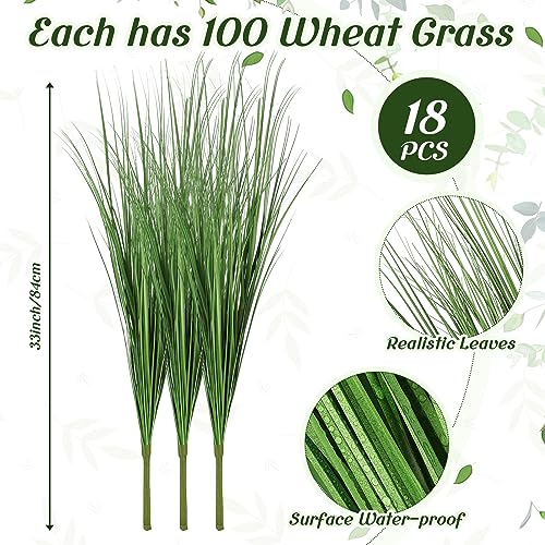 Tigeen 18 Pcs 33 Inch Faux Grasses for Outdoor Planters, UV Resistant Fake Tall Grass, Artificial Grass Plants for Outdoor Decor, Artificial Greenery Stems Weed for Room Home Summer Vase Decor (Green)