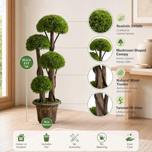 3FT Artificial Cypress Topiary Ball Tree for Home Office Front Porch