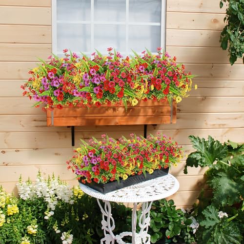 Artificial Flowers for Outdoors 12 Bundles Realistic Faux Plants UV Resistant Fake Silk Daisy with Eucalyptus for Boxwood Planter Patio Porch Outside Spring Summer Decoration(Mixed with Fern) - color: Mixed With Ferns