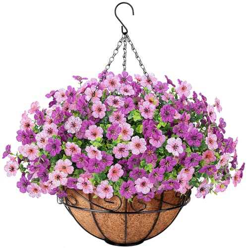 Artificial Fake Hanging Flowers Plants Basket Outdoors, Faux Silk UV Resistant Look Real Daisy Eucalyptus for Spring Summer Garden Porch Home Patio Balcony Yard Decorations, Pink Purple - color: Purple and Pink