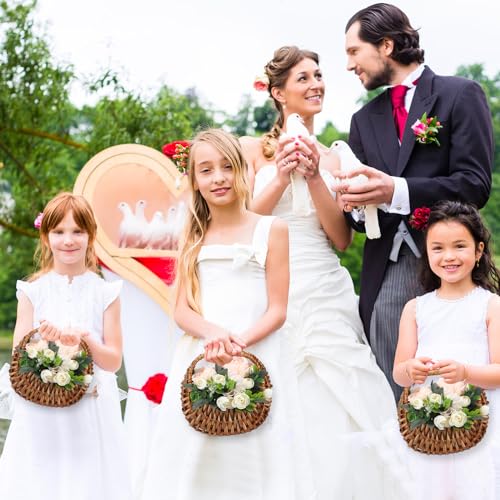 Hushee 6 Pcs Flower Girl Basket Small Wicker Basket with Handle and Waterproof Lining 6.7 x 6.5 x 4.3 Inch Rattan Tiny Baskets for Wedding Flowers Sweets Gifts Picnic Storage Home Decor