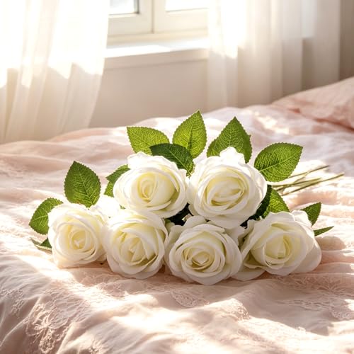 80Pcs White Roses Artificial Flowers Bulk, Velvet Silk White Roses Realistic Rose Fake White Flowers for Wedding Party Table Centerpieces Bridal Bouquets Home Decor (White) - color: White Rose-80