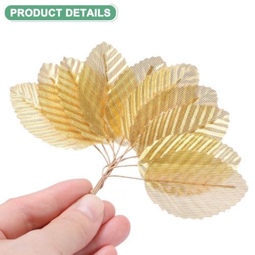 M METERXITY 100-Pack Artificial Silk Leaf, Faux Wire Single Leaves, Fake Flower Leaf with Stem for DIY Bouquet/Wreaths/Wedding/Garland/Party Decorations, Fake Rose Craft Leaves [Gold] - color: Gold