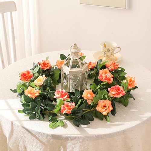 JUSTOYOU 2 Pack (15.8FT) Fake Rose Garland, Artificial Rose Vines Flowers Hanging Silk Rose Vine Wedding Home Backdrop Party Arch Arrangement Decoration - color: Sunset Red