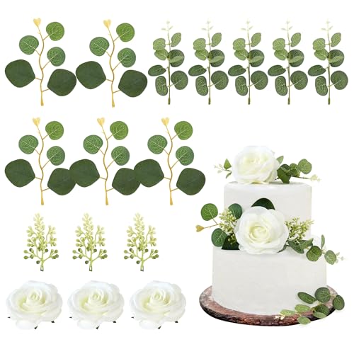 16pcs Artificial 3D Flower Cake Toppers White Rose Floral Cake Decors for White Wedding Anniversary Bridal Engagement Fairy Baby Shower Valentine's Mother's Day Birthday Party Decoration - color: White 2