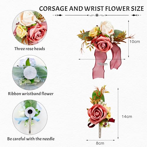 SITUMEIZI 2Pcs Corsage and Boutonniere Set Wrist Corsage Bracelets and Boutonniere for Men Wedding Prom Party Suit Decor (Pinkish Orange) - color: Pinkish Orange