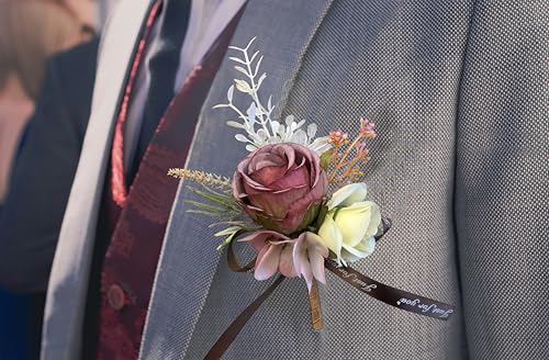 Corsage and Boutonniere Set Corsage Wistlet Dusty Red Corsage Wrist Artificial Flower Perfert for Proms | Weddings for Bride,Bridesmaids, Groom,Groomsmen Decor (Dusty Red) - color: Dusty Red