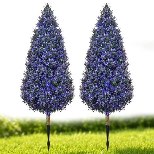 2PACK Artificial Boxwood Topiary Trees Outdoor Tall Artificial Lavander Plants with Stakes, 3.3FT Purple Faux Shrubs Bushes Evergreen UV Resistant for Outdoor Planter,Porch, Garden,Spring - color: Purple