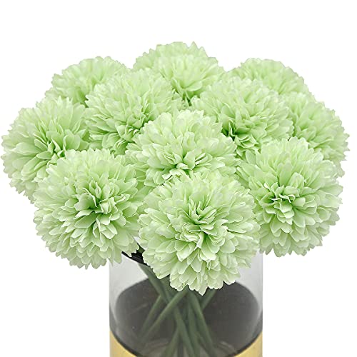 10Pcs Artificial Fake Flower Plants Silk Chrysanthemum Ball Hydrangea Arrangements Wedding Bouquets Decor Home Kitchen Garden Party Table Floral Centerpieces DIY (Mint Green) - color: Green