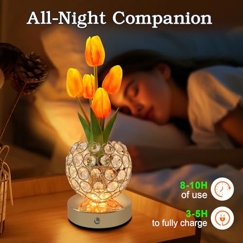 Cordless Tulip Flower Lamps, 3 Colors Touch Stepless Dimming Crystal Night Light, Rechargeable Artificial LED Flower with Vase Lamp Romantic Decor for Mothers Day,Xmas,Birthday (OG) - color: OG