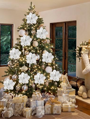 Briful Magnolia Artificial Flowers 21.2" White Silver Fake Magnolia Flower Stems with Specially Designed Mottled Petals Christmas Tree Flowers for Holiday Wreath Garland Xmas Decor - color: White Silver