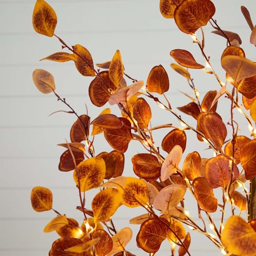 Nearly Natural 6-FT Pre-lit Artificial Autumn Eucalyptus Tree with 300 Warm White LED Lights, Faux Eucalyptus Tree with Fall Colors for Home & Office Décor in Black Nursery Planter