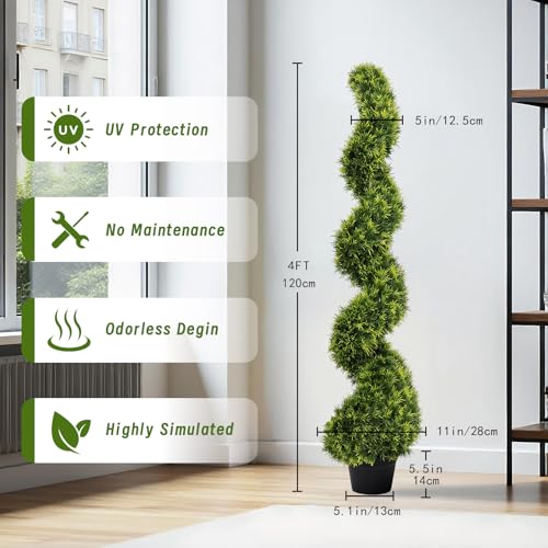 4ft Spiral Boxwood Topiary Trees Artificial Outdoor Set of 2 - UV Resistant Faux Plants for Outside Planters, 48" Fake Twisted Tree for Front Porch Decor - color: Pine Needle, size: 4FT