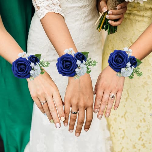 Corsage Wristlet and Boutonniere Set, Royal Blue Corsage Wristlet with Pearl Bracelets & Artificial Rose Flower for Men Wedding Suit, Homecoming, Prom Decorations, 2 Pack