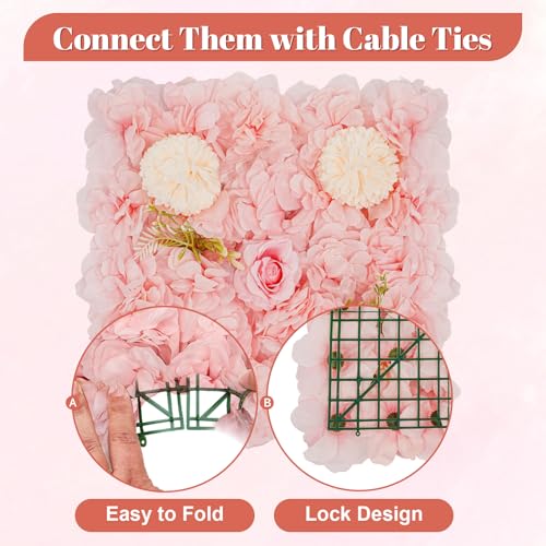12Pcs Artificial Flower Wall Panel 3D Floral Backdrop Walls 15" X 15" Flower Wall Decor Flower Backdrop Faux Flowers Panel for Party Home Background Decor, Pink/Champagne - color: Pink, Champagne