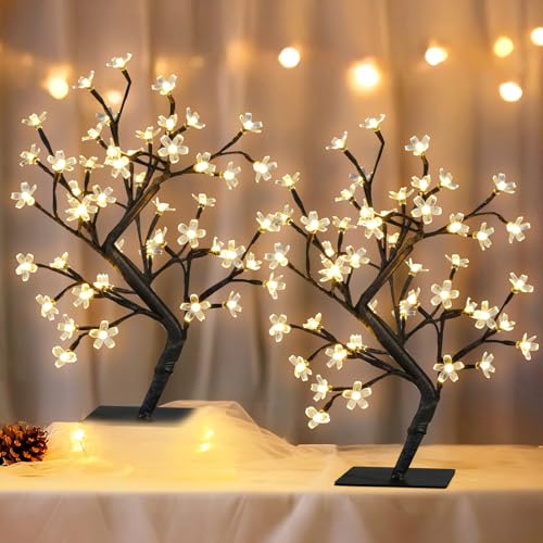 PEIDUO Set of 2 Lighted Cherry Blossom Tree, Light up Bonsai Tree for Christmas Decorations, Warm White Lights Plug in Adapter, Tabletop Night Light Artificial Tree for Indoor Bedroom Living Room - style: 2PK Cherry Blossom Tree