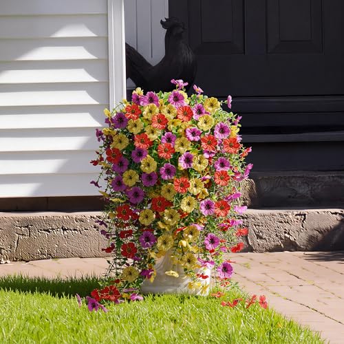 AGIRL 6 Bundles Artificial Flowers for Outdoors,Faux Silk Flowers with Leaves for Spring Summer Decoration,UV Resistant Silk Fake Hanging Flowers for Garden,Patio,Porch,Yard,Farmhouse Decor - color: Red Yellow Purple