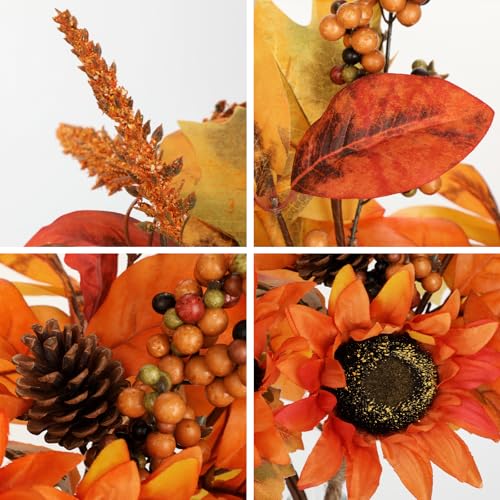 Briful Set of 2 16in Fall Orange Sunflower Picks and Sprays with Pinecones Berries Eucalyptus Leaves Artificial Fall Floral Branches Stems for Autumn Home Wedding Party Vase Centerpieces Decor - color: Orange Brown