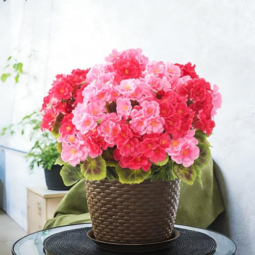 BonBloom's 12 Bundles Artificial Geranium Flowers for Outdoors, UV Resistant Realistic Silk Flowers Fake Plants for Front Door Porch Garden, Balcony Window Box Indoor Home Spring Decor, Mixed Color - color: Mixed Pink& Rose Red, size: 12 pack