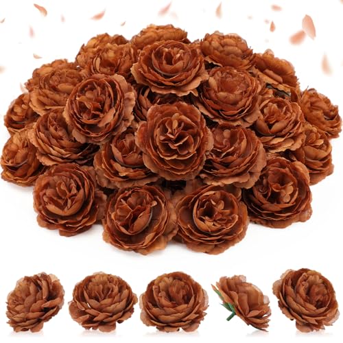 Thiccywoov 50 Pcs Artificial Flowers, 3.2 Inches Silk Rose Head Flowers Fake No Stem for Wedding Bridal Bouquet Home Floral Decor DIY Centerpieces Arrangements Party Tables Decoration(Coffee) - color: Brown