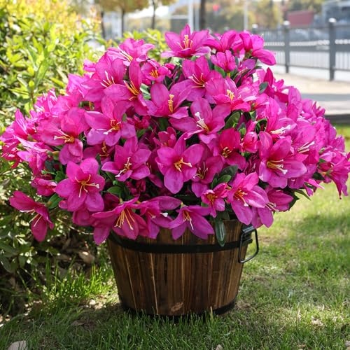INSPRING Artificial Fake Flowers for Outdoors Spring Outside Decoration, 3 Bundles Silk Azalea Faux Plants UV Resistant Realistic Outdoor Flowers for Planter Porch Patio Garden Walkways Home, Fuchsia - color: Fuchsia