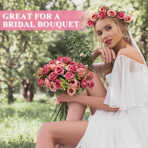 Zeyune 8 Pack Artificial Mini Soft Pink Roses, 12 Inch Fake Flowers with Stems, 80 Small 1.6 Inch Flower Heads, Silk Mini Rose Bouquets for Wedding Centerpieces, Bridal Bouquets, Home Party Decor - color: Soft Pink