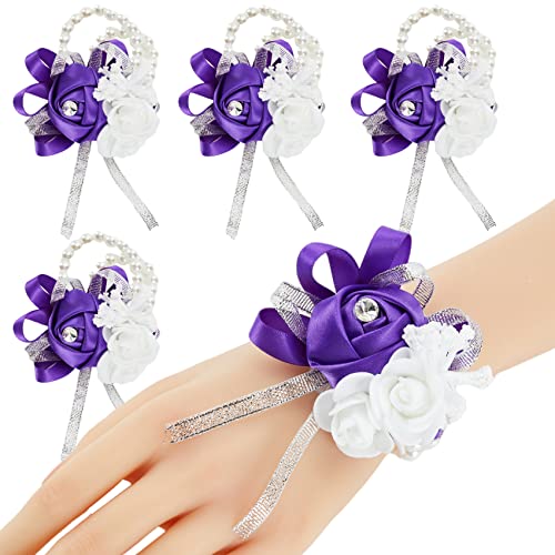 4pcs Purple Wedding Wrist Corsages Artificial Silk Rose for Women | for Wedding, Prom, Homecoming, and Evening Party, Wrist Corsages with Pearls for Brides, Bridesmaids, Mother of the Bride - color: 4pcs Deep Purple Wrist Corsages