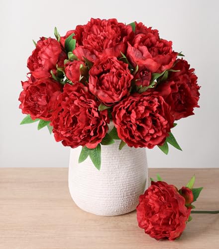 florisso Red Peony Artificial Flowers - 11 Branches Silk Peonies for Wedding Floral, Table Decor & DIY Bouquet Crafts (Artificial Peonies) - color: Peony-red