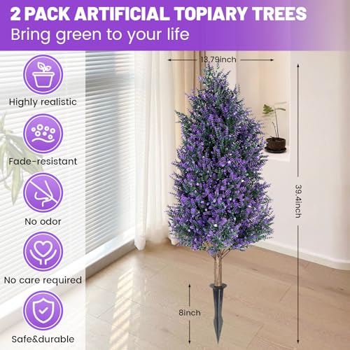3FT Artificial Lavender Topiary Trees with Spike, 2 Pack UV Resistant Artificial Outdoor Shrubs Fake Bushes, Fake Plants for Indoor Outdoor Front Porch Garden Decor - color: 2 Pack 3ft Lavender