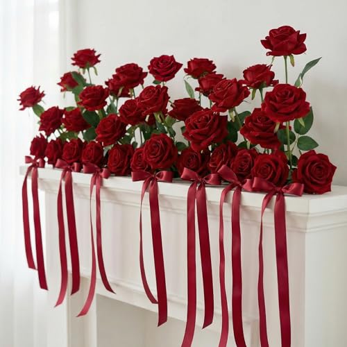 AmyHomie 48PCS Red Roses Artificial Flowers, Realistic Fake Velvet Rose Bulk with Bendable Stems for DIY Wedding Bouquets, Centerpieces, Home, Party, Valentine’s & Mother’s Day Decor - color: Red