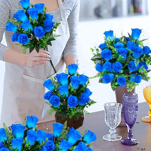 XONOR Artificial Rose Flowers - 4Bouquets Realistic Fake Silk Roses for Wedding Party Home Centerpieces Office DIY Cemetery Grave Decoration (Pack of 4, Blue) - color: Blue