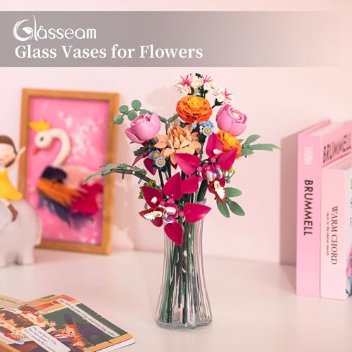 Glasseam Glass Vase for Home Decor: Clear Flower Vases for Living Room Kitchen Bathroom Wedding Table Centerpieces - 7.5" Tall Modern Vintage Decorations for Bouquet Pampas Grass Lego Flowers