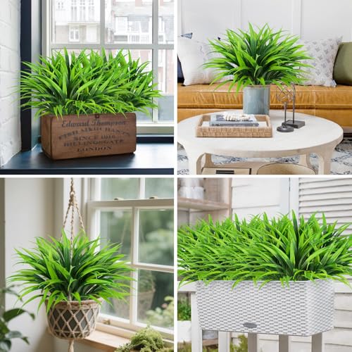 Ouddy Decor 20 Pcs Fake Outdoor Plants Artificial Grass Greenery Stems Faux Plastic Plants UV Resistant for Spring Summer Indoor Outside Garden Hanging Planter Porch Window Box Home Decor, Green - color: Green