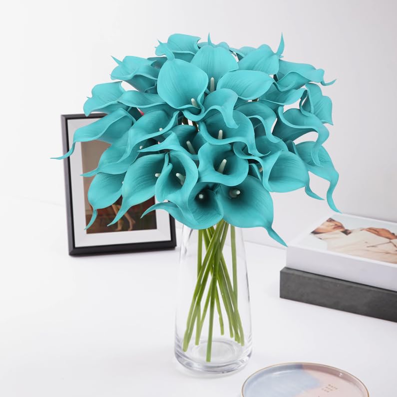24 Pcs Teal Flowers Artificial Calla Lily Flower Fake Teal Silk Flowers Real Touch for Wedding Bouquet Home Kitchen Decor - color: Teal
