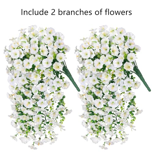 Artificial Faux Hanging Flowers Plants for Outdoor Decor,2 PCS Fake Silk Morning Glory with Eucalyptus UV Resistant Realistic Trailing Vines for Wall Home Porch Patio Balcony Yard Indoor Decor,White - color: White