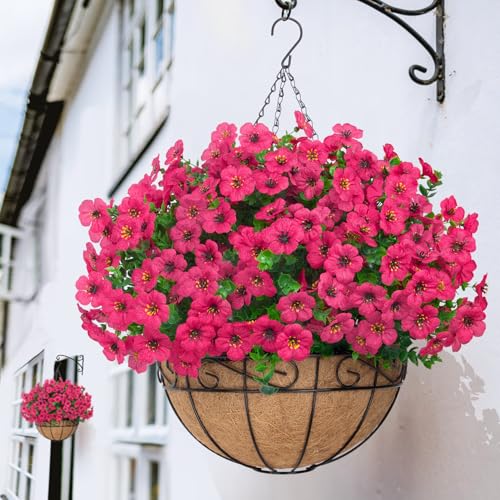 Bassion Artificial Hanging Flowers for Outdoors, UV Resistant Silk Flowers Basket Fuchsia Faux Daisy with Eucalyptus Leaves Hanging Fake Plants for Porch Balcony Patio Home Spring Summer Decoration - color: Fuchsia