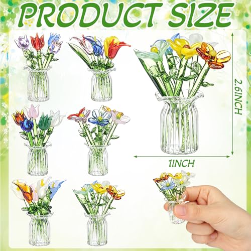 FoldTier 42 Pcs Mini Glass Flower Decoration Hand Blown Glass Flower Figurines Collectible Ornaments with Vase for Mothers Day Birthday Table Centerpiece Garden DIY Craft(Style 1) - style: Mixed