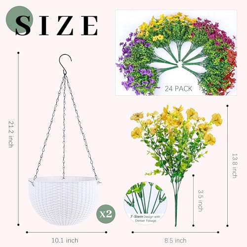 Der Rose 2 Pack Artificial Hanging Flowers Basket for Faux Plants Outdoor Spring Summer Decoration UV Resistant Fake Flowers for Patio Balcony Farmhouse Decor