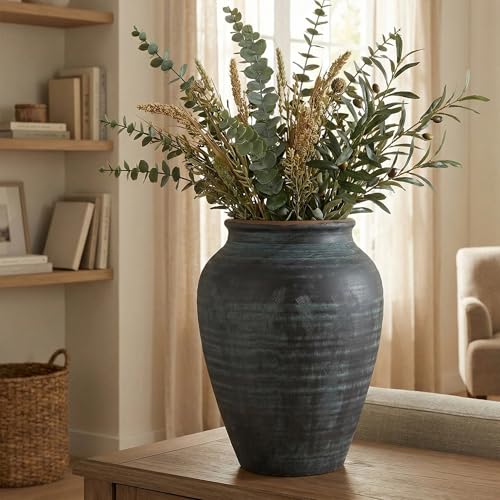 14.17" Blue Ceramic Vase, Rustic Farmhouse Living Room Home Decor | Artisan Handcrafted Large Ceramic Vase - size: 14.17Inch