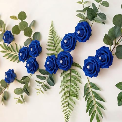 100Pcs Real Looking Royal Blue with Diamonds Artificial Rose Flower Heads, Foam Fake Roses for DIY Wedding Decorations Baby Shower Centerpieces Home Party Valentine's Day Mother's Day Decor - color: 100pcs Royal Blue With Diamonds