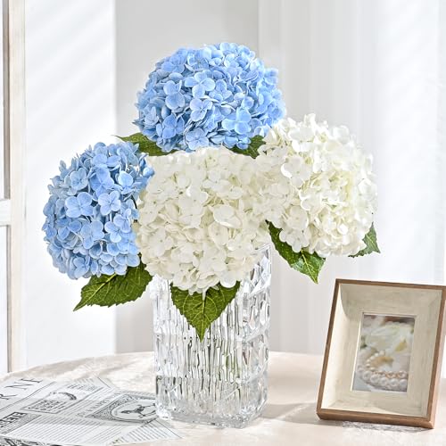 MARTINE MALL 4Pcs 21in Hydrangea Artificial Flowers, Latex Real Touch Hydrangeas Lifelike Large Hydrangea Flowers for Home Decor Party Arrangements Wedding Bouquets Centerpieces (2 White & 2 Blue) - color: White & Blue, size: 4Pcs
