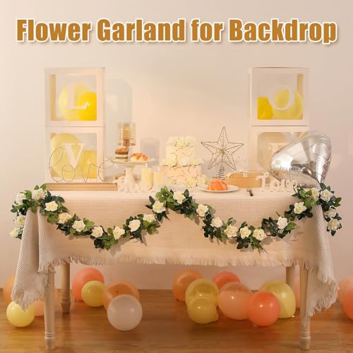 JUSTOYOU 2 Pack (15.8FT) Fake Rose Garland, Artificial Rose Vines Flowers Hanging Silk Rose Vine Wedding Home Backdrop Party Arch Arrangement Decoration - color: Off White+green